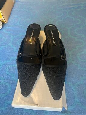 A. Marinelli Black Beaded Pointed Toe Mules